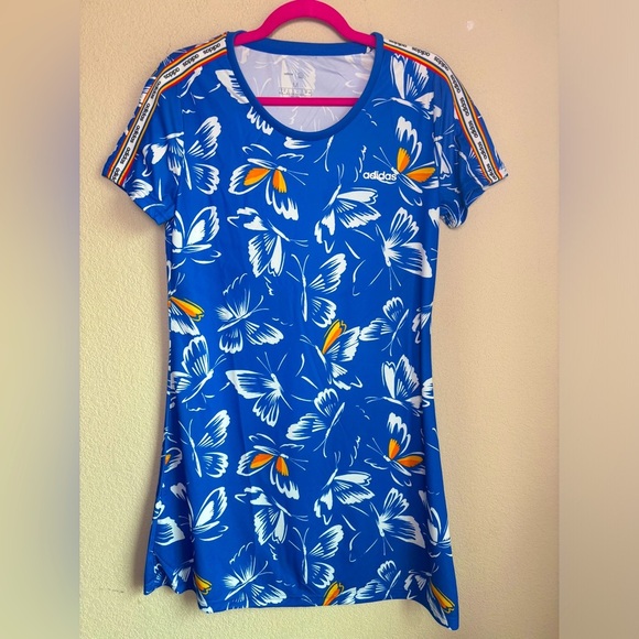 NWT FARM RIO X Adidas Blue Butterfly Athleisure Short Sleeve T-Shirt Dress M - Picture 1 of 10